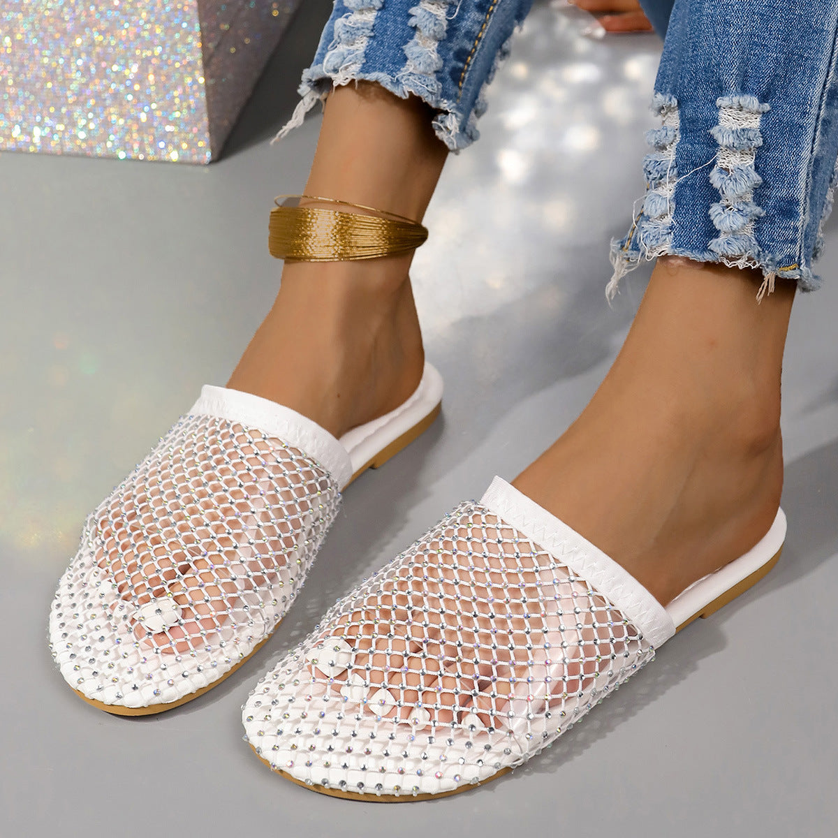 Hollow-toe Transparent Hollow Sandals With Rhinestones Summer Fashion Outdoor Slippers Flat Shoes For Women